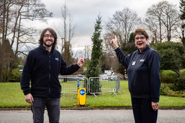 Zoe Gough, 64, and Danial Khiami, 24, both work in a shop opposite the Christmas tree. Picture: SWNS 