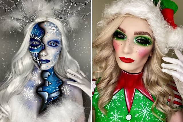 Two of Cole Denby's make-up creations, as an ice queen and elf 
