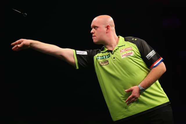 Michael van Gerwen in action during his match against Daryl Gurney in the 2018 Unibet Premier League at The Manchester Arena on April 26, 2018 in Manchester, England. (Photo by Alex Livesey/Getty Images)
