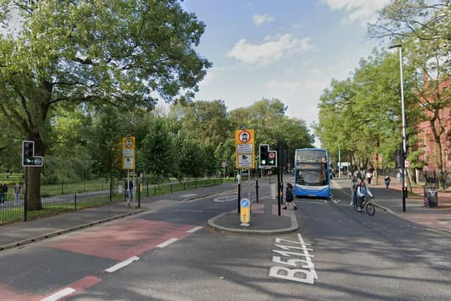 The start of the bus lane on Oxford Road in Manchester. 