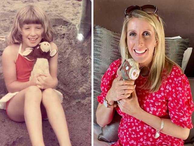 Sophie Luke, 46, with her cuddly cow Daisy when she was a child and in the present day