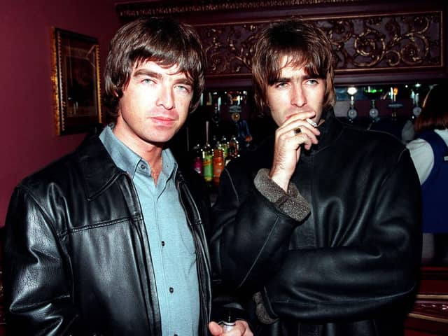 Oasis stars Liam and Noel Gallagher at the opening night of Steve Coogan's comedy show in 1995