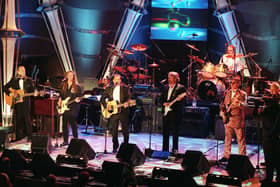 The Eagles (from left:) Randy Meisner, Timothy Schmit, Glenn Frey, Don Felder, Joe Walsh, Don Henley and Bernie Leadon, appear together on stage 