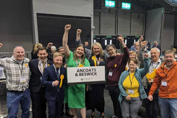 The Lib Dems celebrate Chris Northwood's win in Ancoats and Beswick last May. 