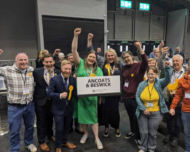 The Lib Dems celebrate Chris Northwood's win in Ancoats and Beswick last May. 