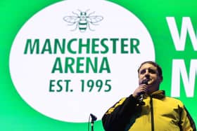 British comedian Peter Kay speaks during the 'We Are Manchester' charity concert at the Manchester Arena in Manchester, northwest England, on September 9, 2017 