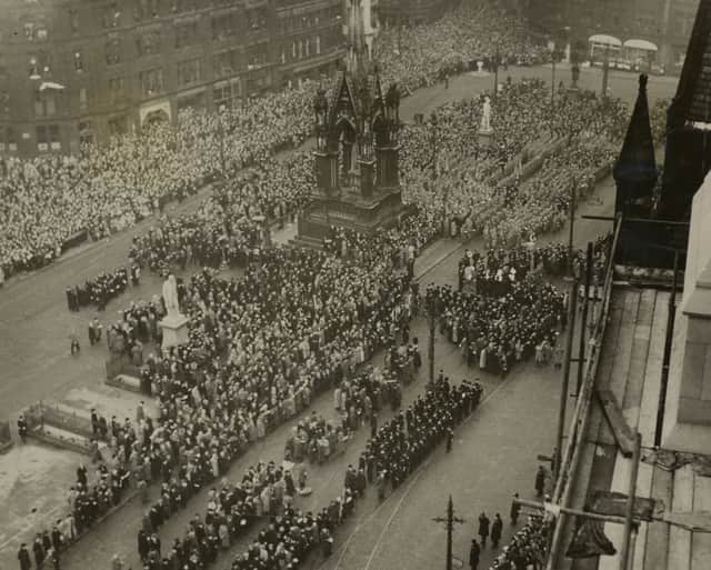 An aerial view of Albert Square, with the Albert memorial in the centre, on Armistice Day. Credit: Getty Images