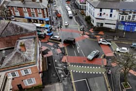 An aerial view of the new cycle lane crossroads where Wilbraham Road meets Barlow Moor Road in Chorlton. Picture: William Lailey/SWNS