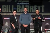 Zelfa Barrett, right, faces off with opponent Jordan Gill under the watchful eye of promoter Eddie Hearn at New Century Hall. Picture: Mark Robinson/Matchroom Boxing