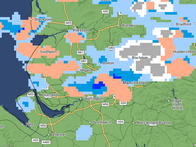 Snowfall over Greater Manchester