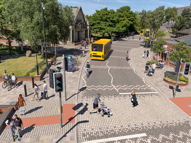CGI showing proposed improved crossing, pavements and bus route in Heywood town centre