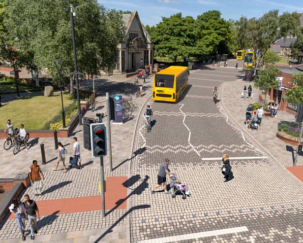 CGI showing proposed improved crossing, pavements and bus route in Heywood town centre