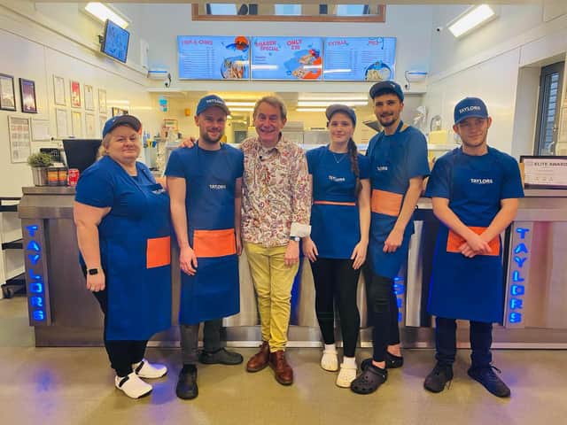 Jamie Toland (second on the left) with his team and food and drink broadcaster Nigel Barden at Taylors fish and chip shop in Stockport.