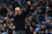 Pep Guardiola celebrates Erling Haaland's third goal in Manchester City's derby win