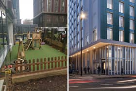 The PBSA block could be built just 'three feet' beyond the black fence of the play area, according to nursery owners. Right, how the new scheme on Charles Street will look.