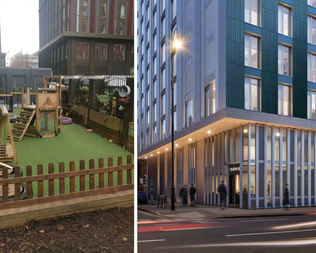 The PBSA block could be built just 'three feet' beyond the black fence of the play area, according to nursery owners. Right, how the new scheme on Charles Street will look.