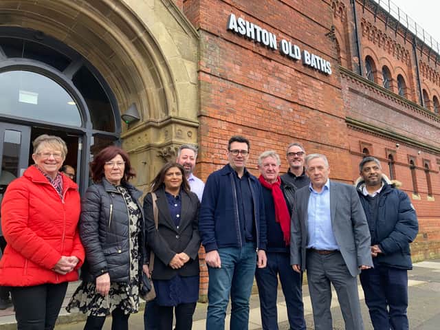 Greater Manchester mayor Andy Burnham joins Tameside Council leader Ged Cooney and his executive team at Ashton Old Baths for AMDZ launch. Credit: LDRS
