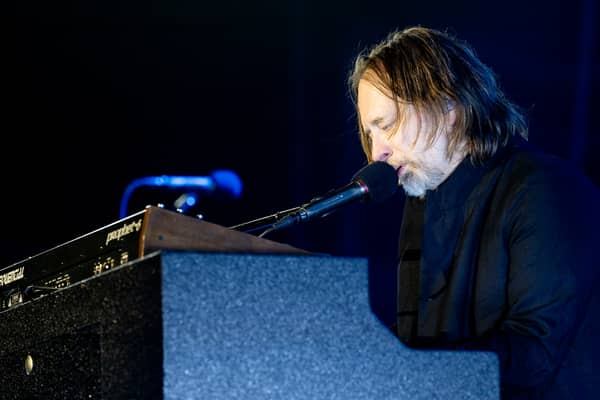 Thom Yorke performs at Manchester's Victoria Warehouse with fellow The Smile members Johnny Greenwood and Tom Skinner. Credit: BBC Radio 6 Music