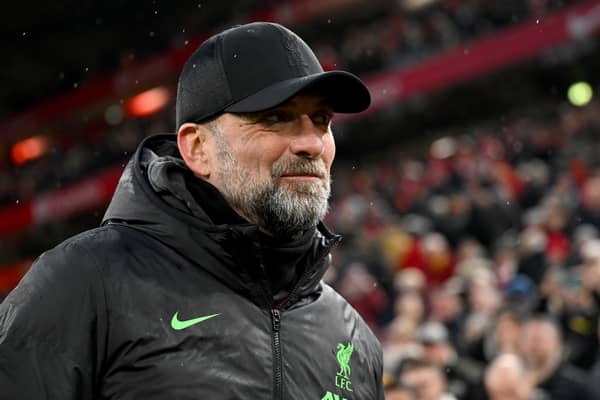 Jurgen Klopp of Liverpool during the Premier League match between Liverpool FC and Manchester City at Anfield on March 10, 2024 in Liverpool, England. (Photo by Nick Taylor/Liverpool FC/Liverpool FC via Getty Images)