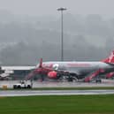 Jet2 passenger jets parked up on the runway at Leeds Bradford Airport.