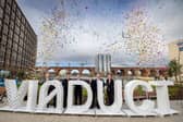 Greater Manchester Mayor Andy Burnham, Stockport council leader Mark Hunter, and others during the opening event at Stockport Interchange. 