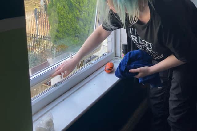 Lauren Yeo cleaning mould around her son Kyle's window. 