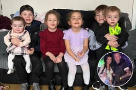 Matthew Brooks and his partner Paige Deloughrey, inset, with children Adam, 9, John, 8, Aoife, 6, Talliah, 5, Tom, 2 And Ellen Rose, 7-months-old. 