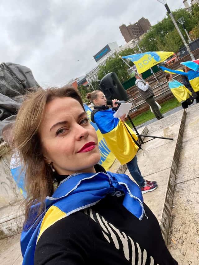 Film director Alyona Kaporina at the Picadilly Gardens rallies in support of Ukraine. 
