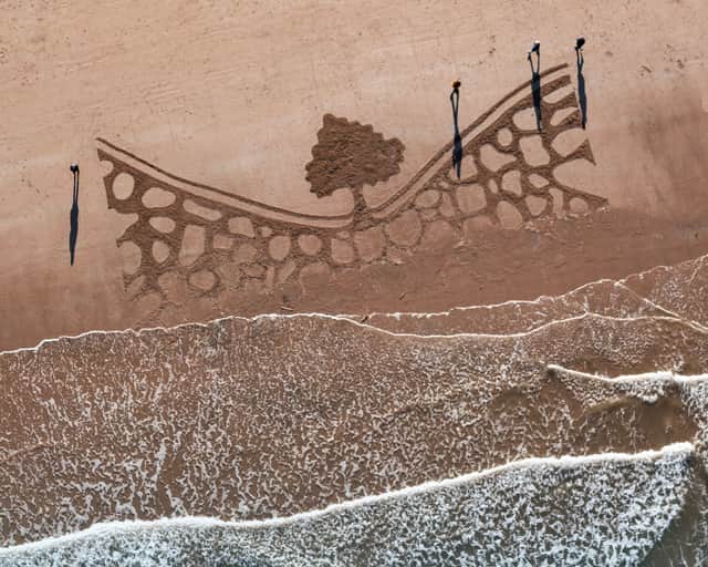 Volunteers carved a giant 100ft tribute to the Sycamore Gap Tree as it reaches six months since the iconic tree was chopped down by vandals.