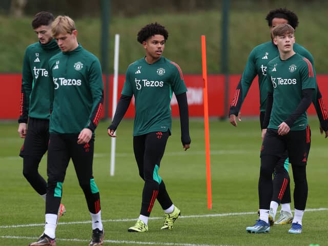 Joe Hugill, Toby Collyer, Shola Shoretire and Sam Mather in action during a first team training session