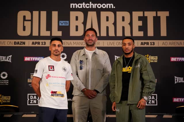 Jordan Gill and Zelfa Barrett with Eddie Hearn at the final press conference for their fight on Saturday night