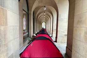 The camp of red tents seen outside the Town Hall on Monday (April 8). Image: LDRS. Free for use by all partners.