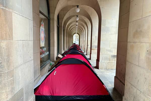 The camp of red tents seen outside the Town Hall on Monday (April 8). Image: LDRS. Free for use by all partners.