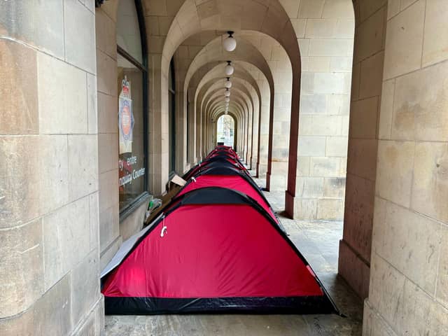 The camp of red tents seen outside the Town Hall on Monday (April 8). Image: LDRS. Free for use by all partners.