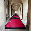 The camp of red tents seen outside the Town Hall on Monday (April 8). Image: LDRS. Free for use by all partners.