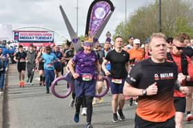 Tim Wheeler, aka Scissorman, in action during Sunday's Manchester Marathon. Picture: David Hurst