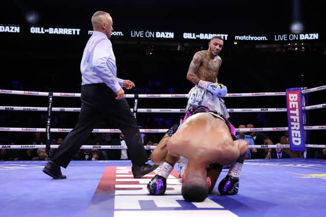 Zelfa Barrett sends Jordan Gill to the canvas at the AO Arena