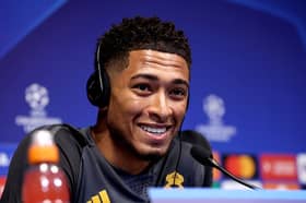 Jude Bellingham of Real Madrid during a press conference at the Etihad Stadium