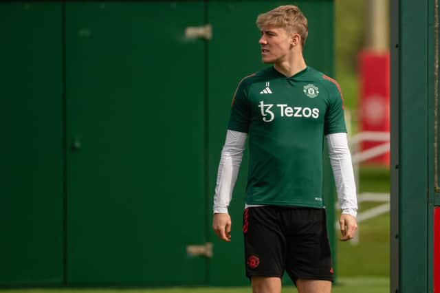 Rasmus Hojlund of Manchester United in action during a first team training session at Carrington