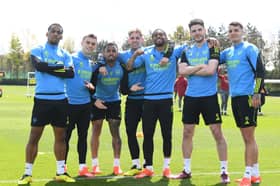 Jurrien Timber, Leandro Trossard, Gabriel Jesus, Emile Smith Rowe, Reiss Nelson, Declan Rice and Jakub Kiwior of Arsenal during a training session