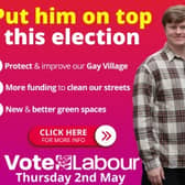 One of Jon-Connor Lyons' adverts being used on Grindr, as he bids for re-election in the Piccadilly ward of Manchester. 