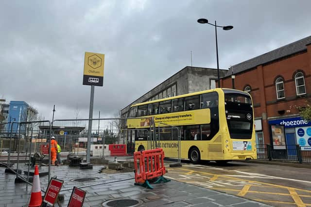 Building works by the bus stop on West Street in Oldham 