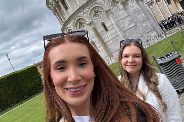 Morgan Bold, 27, and friend Jess Wonder, 26, on their day trip to Pisa, Italy from Manchester Airport