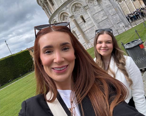 Morgan Bold, 27, and friend Jess Wonder, 26, on their day trip to Pisa, Italy from Manchester Airport