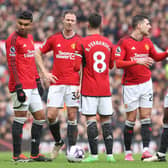 Casemiro, Jonny Evans, Bruno Fernandes, Diogo Dalot, Kobbie Mainoo, Marcus Rashford of Manchester United