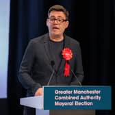 Andy Burnham giving a speech after his reelection as Greater Manchester Mayor. Credit: GMCA