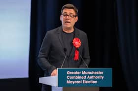 Andy Burnham giving a speech after his reelection as Greater Manchester Mayor. Credit: GMCA