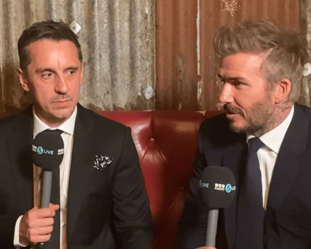 David Beckham and Gary Neville both spoke to the press at the premiere of '99'