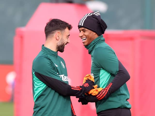 Bruno Fernandes and Marcus Rashford in Manchester United training