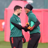 Bruno Fernandes and Marcus Rashford in Manchester United training